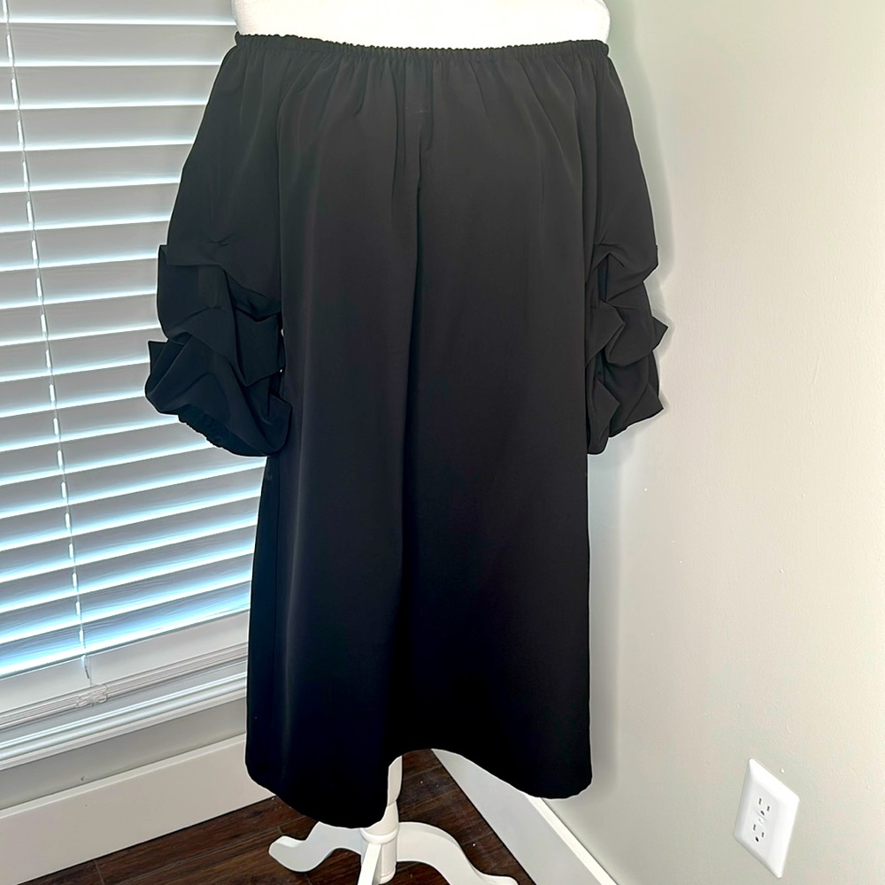 Elegant black above knee puffy sleeve off shoulder MSK dress XL